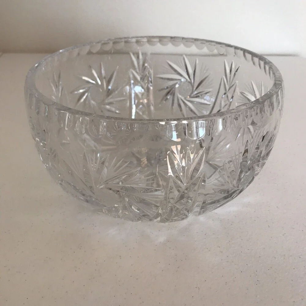Vintage Brilliant Cut Crystal Centerpiece Serving Bowl Pinwheel Starburst Swirl